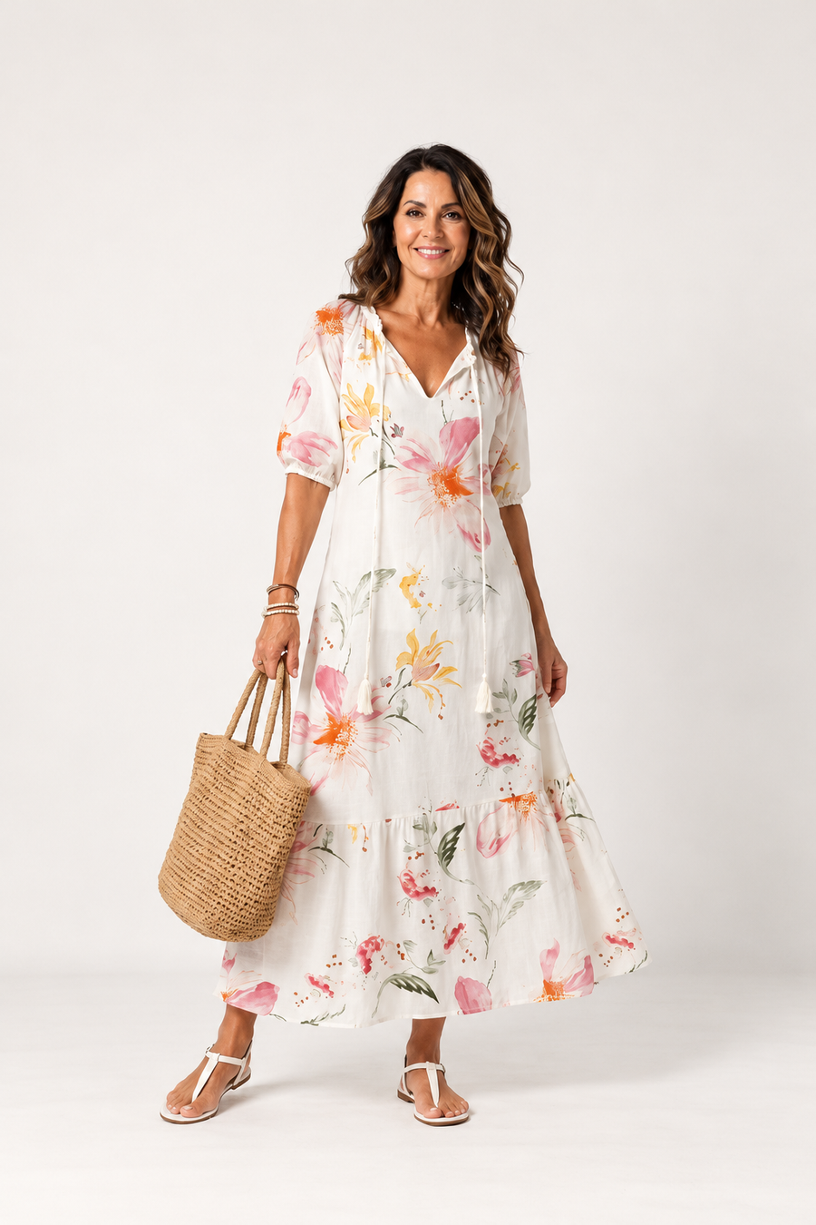 Noa | Soft Floral Tiered Tassel Midi Dress
